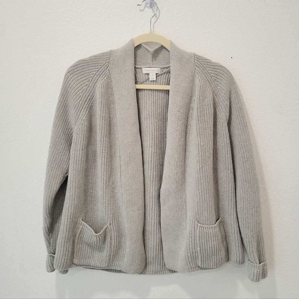 Charter Club Gray Open Cardigan Sweater PXL 100% Cotton Rolled Sleeve Pockets - Picture 1 of 5